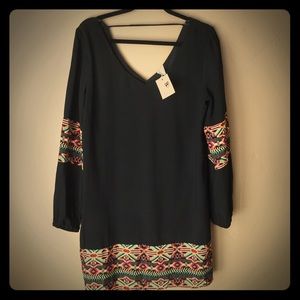 Pink Owl black dress with aztec print