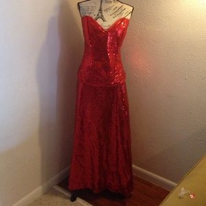 Red sequin corset and long skirt