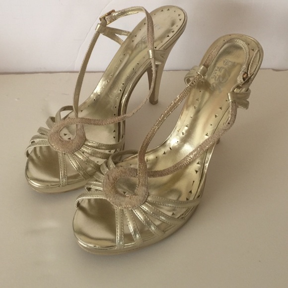 BCBG gold strappy heels