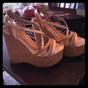 ALDO Gold leather strap wedges