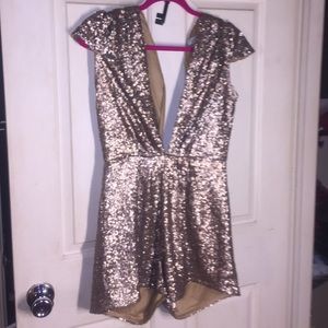 Sequenced gold v neck low cut romper