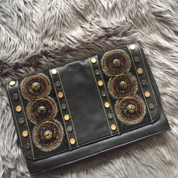 Leather clutch w/ embroidery/beading