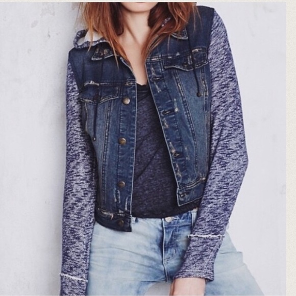 Final! Free People Denim Jean jacket hoodie - Picture 3 of 4