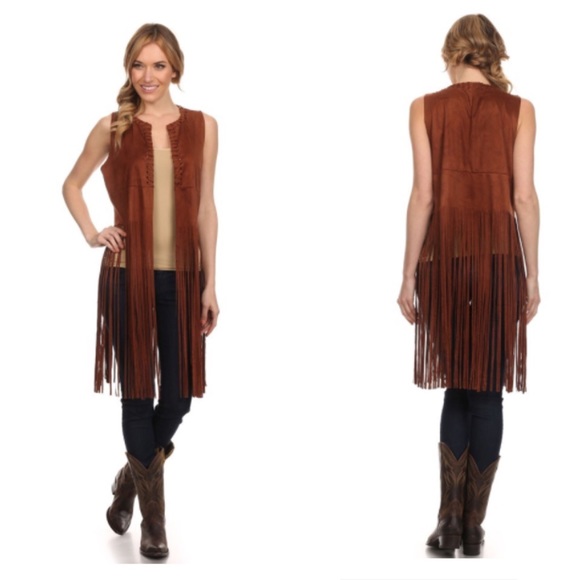 NWT Faux Suede Fringed Long Vest S/M - Picture 2 of 4