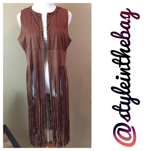 NWT Faux Suede Fringed Long Vest S/M - Picture 3 of 4