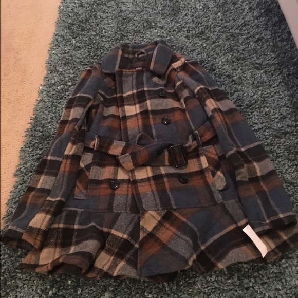 Brown and Blue Plaid Wool Pea Coat