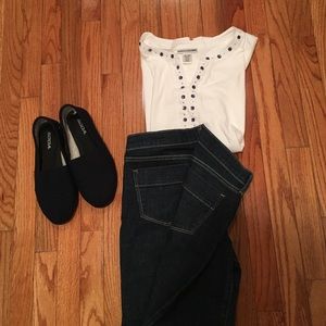 white blouse with blue and diamond look accents