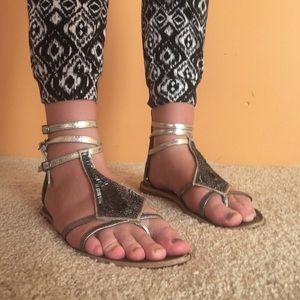 Silver and tan gladiator sandals