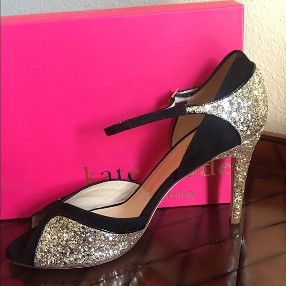 NIB Kate Spade Corrine Black Gold Glitter Heels