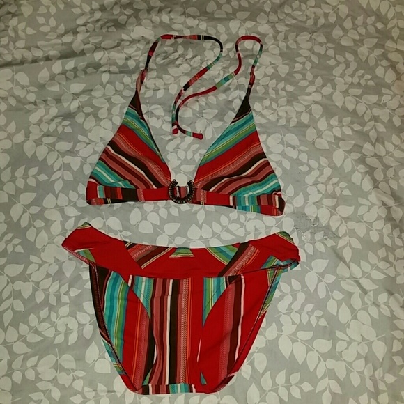 BEBE  stripe swim suit with design on chest - Picture 1 of 4