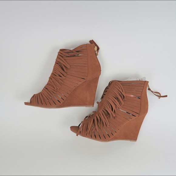 Shoes - Cognac fringe peep toe ankle wedge booties