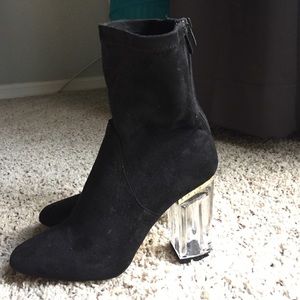 Black suede mid calf booties.
