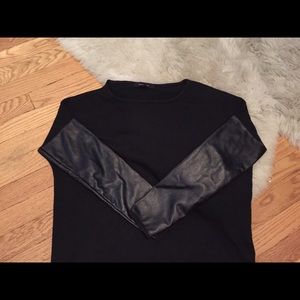 Olivaceous Faux Leather Sleeve Sweater