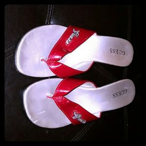 Red and black Guess thong wedge sandal