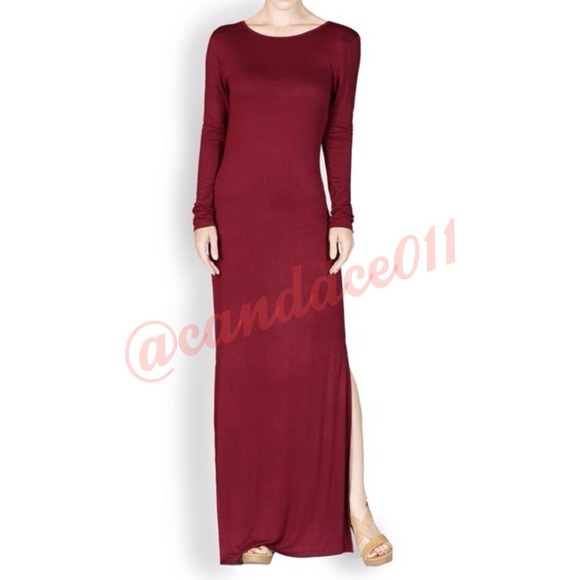 Long Sleeved Side-Slit Maxi  (Burgundy) - Picture 2 of 3