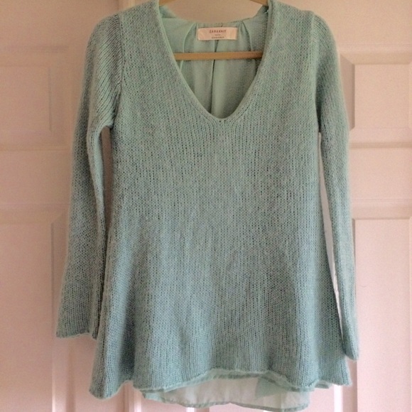 Zara Knit Mint Green V-neck Layered Open Sweater