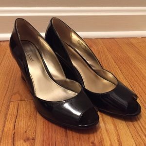 Alfani black patent leather wedges.