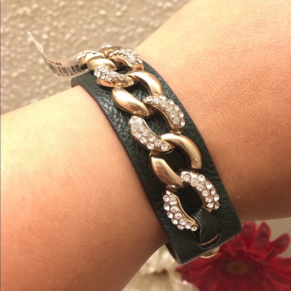 New Green bracelet Wrap w Gold pave Chain