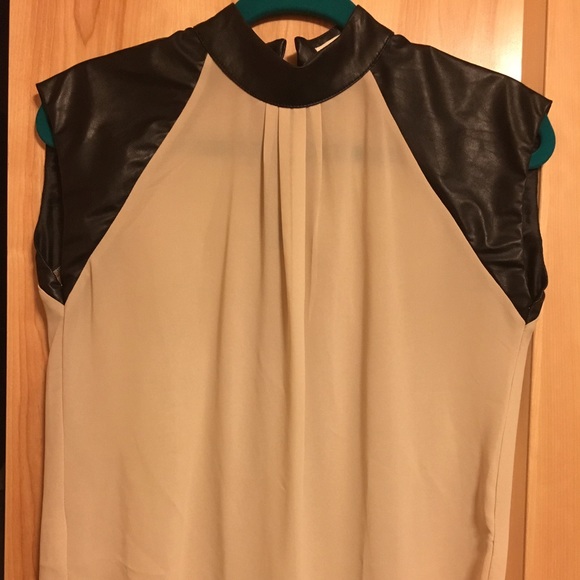Faux leather high neck cap sleeve top. - Picture 2 of 2