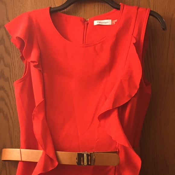Calvin Klein red ruffle detail midi dress - Picture 2 of 4