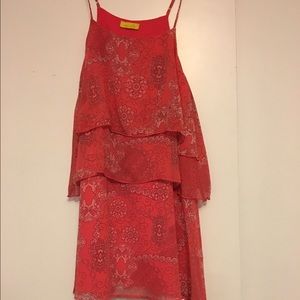 Coral ruffled floral dress, super flattering!