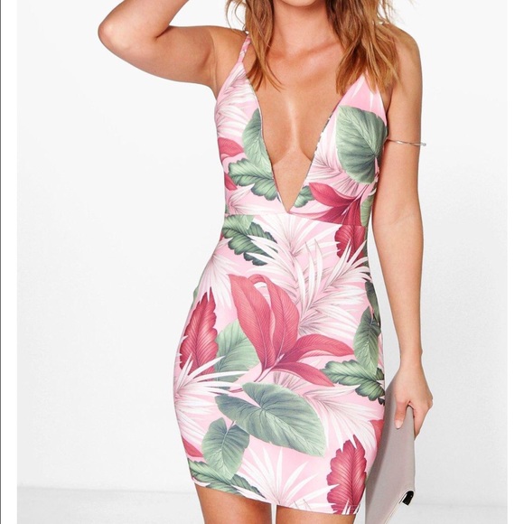 Tropical Print Plunge Neck Bodycon Dress