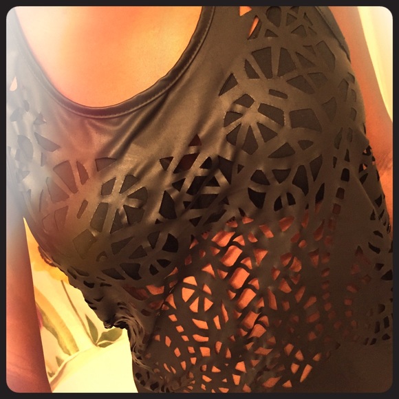 New: Faux leather/ chiffon tank top with cutouts