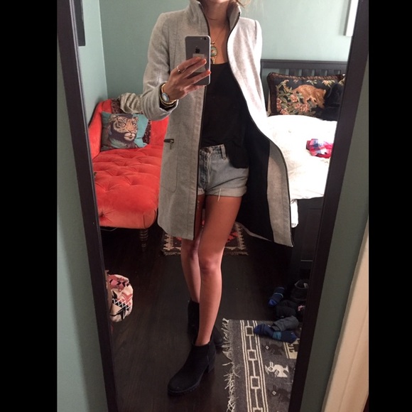Zara Gray Long Coat - wool x faux leather trim