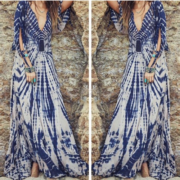 Longsleeved MAXI DRESS Flowy Silky Blue White NEW - Picture 2 of 2