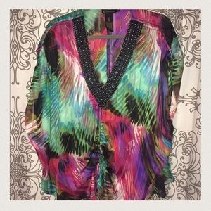 Colorful beaded & flowy blouse/ beach coverup