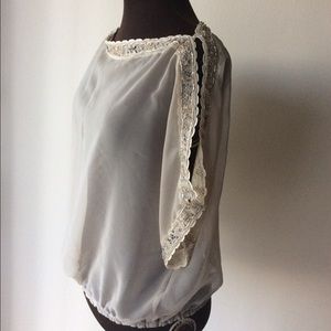 Sheer Silver Grey Beaded Top Shirt Blouse S/M