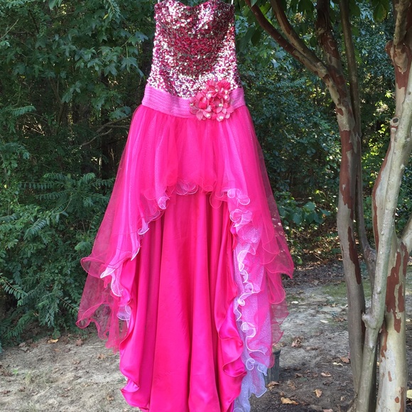 STUDIO 17- HOT PINK/SILVER; HIGH/LOW FORMAL DRESS