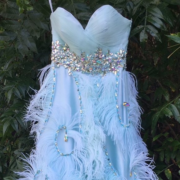 TERANI- POWDER BLUE; FEATHERED SKIRT; LONG; GOWN