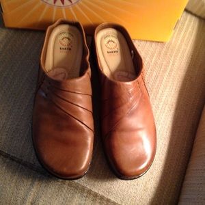 Brown leather slip on clog
