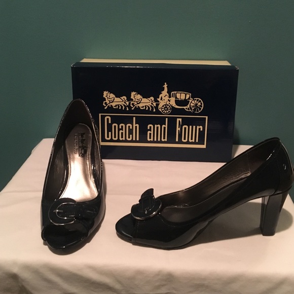 Navy peep toe heels w/ silver trimmed navy buckle
