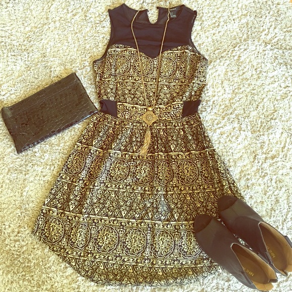 Gold Aztec Print Party Dress