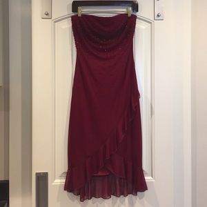 Maroon ruffle-hem, beaded cocktail dress. Size M.