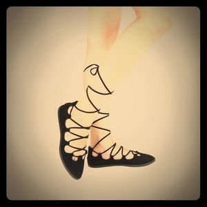 Black Suede Lace Up Ballet Flats