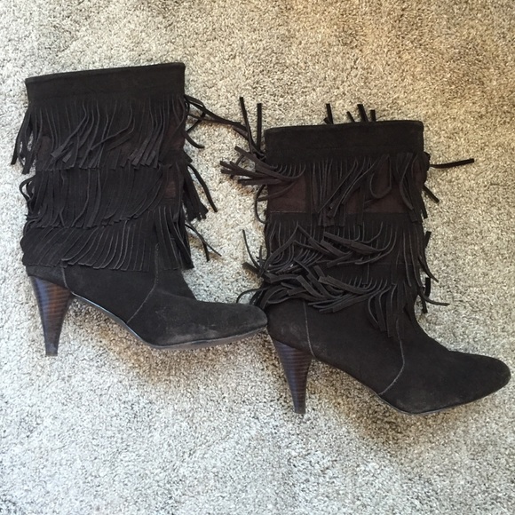 Brown suede fringe calf mid heel boots