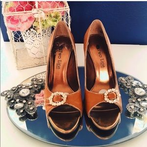 Glam rhinestone buckle tan heels