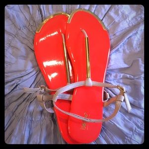 Bright orange wassimo sandles with gold accent