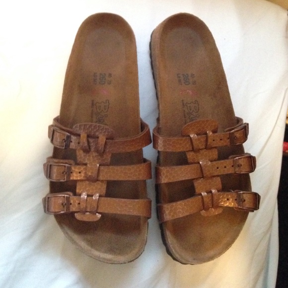 Three strap metallic copper Birkenstocks