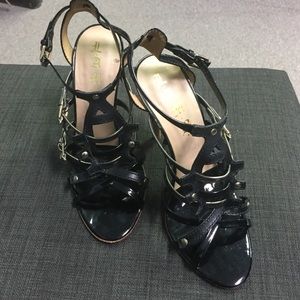 L.A.M.B.  Black pewter gladiator cage heels 7