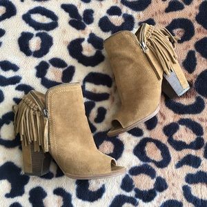 Dolce Vita Tan Suede Peep-Toe Fringe Booties
