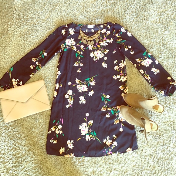Navy and Pink Floral Print Long Sleeve Dress