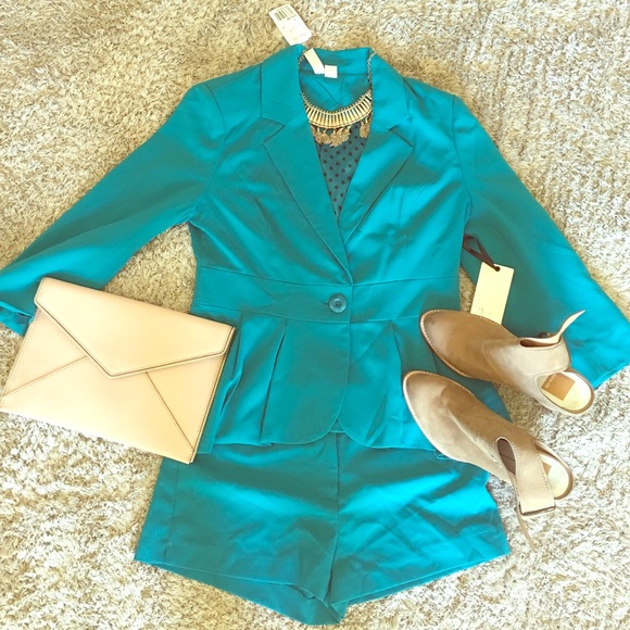 Teal Two Piece Blazer and Shorts Suit.