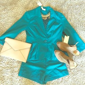 Teal Two Piece Blazer and Shorts Suit.