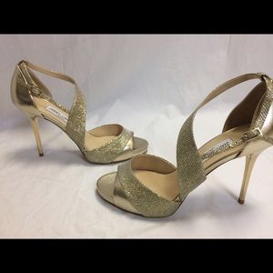 Jimmy Choo "Tyne" Gold Sandals Heels Leather Pumps
