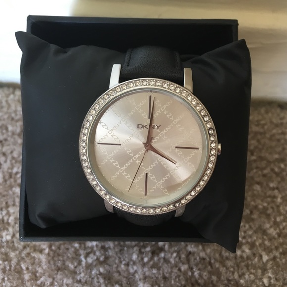 DKNY black leather strap watch