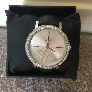 DKNY black leather strap watch